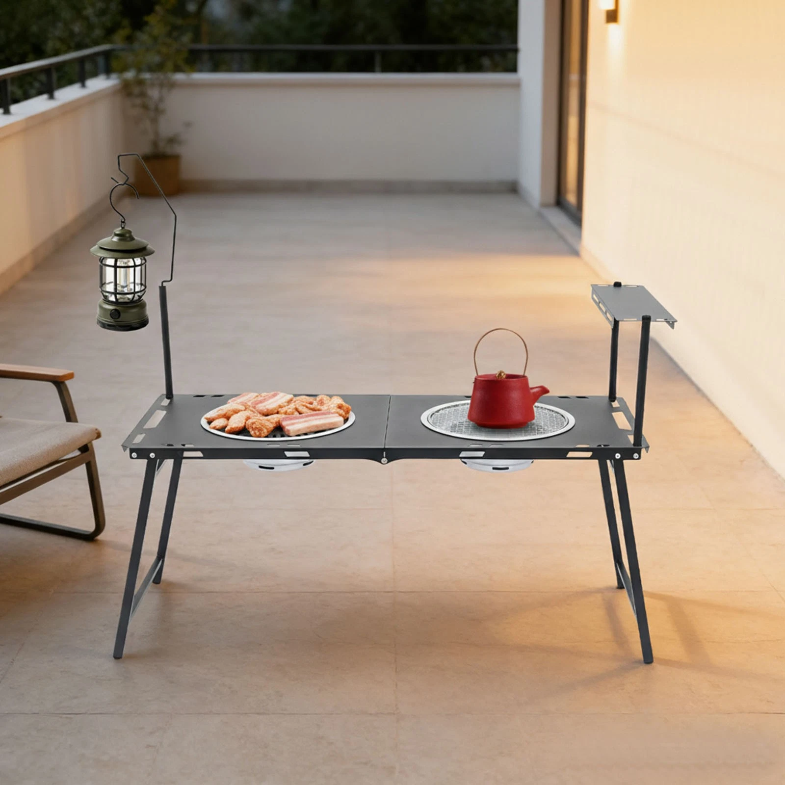 Camping Kitchen Table Folding Portable Grill Table 2*Grill Racks BBQ Table