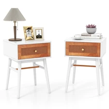 2PCS Nightstand Bedside End Table w/ Storage Drawer & Solid Wood Legs White
