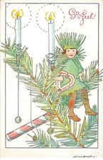 Noël - God Jul - Lutin assis sur une branche de sapin, près de bougies - Ill