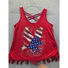 Made in the USA Red Patriotic Eagle Flag Fringe Tank Top Strappy Back XS