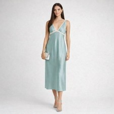 Jones New York Satin Slip Midi Dress M Blue Sleeveless VTG Y2K Party Cocktail