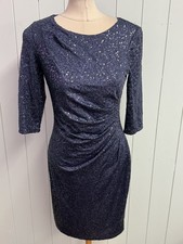 Abito boutique JS taglia 8 donna blu navy paillettes increspato midi cocktail party foderato
