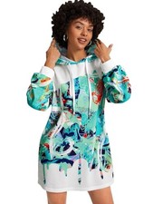 TOPLOT Women's Woolen Long Typographic Printed White Hoodie with Hooded Neck