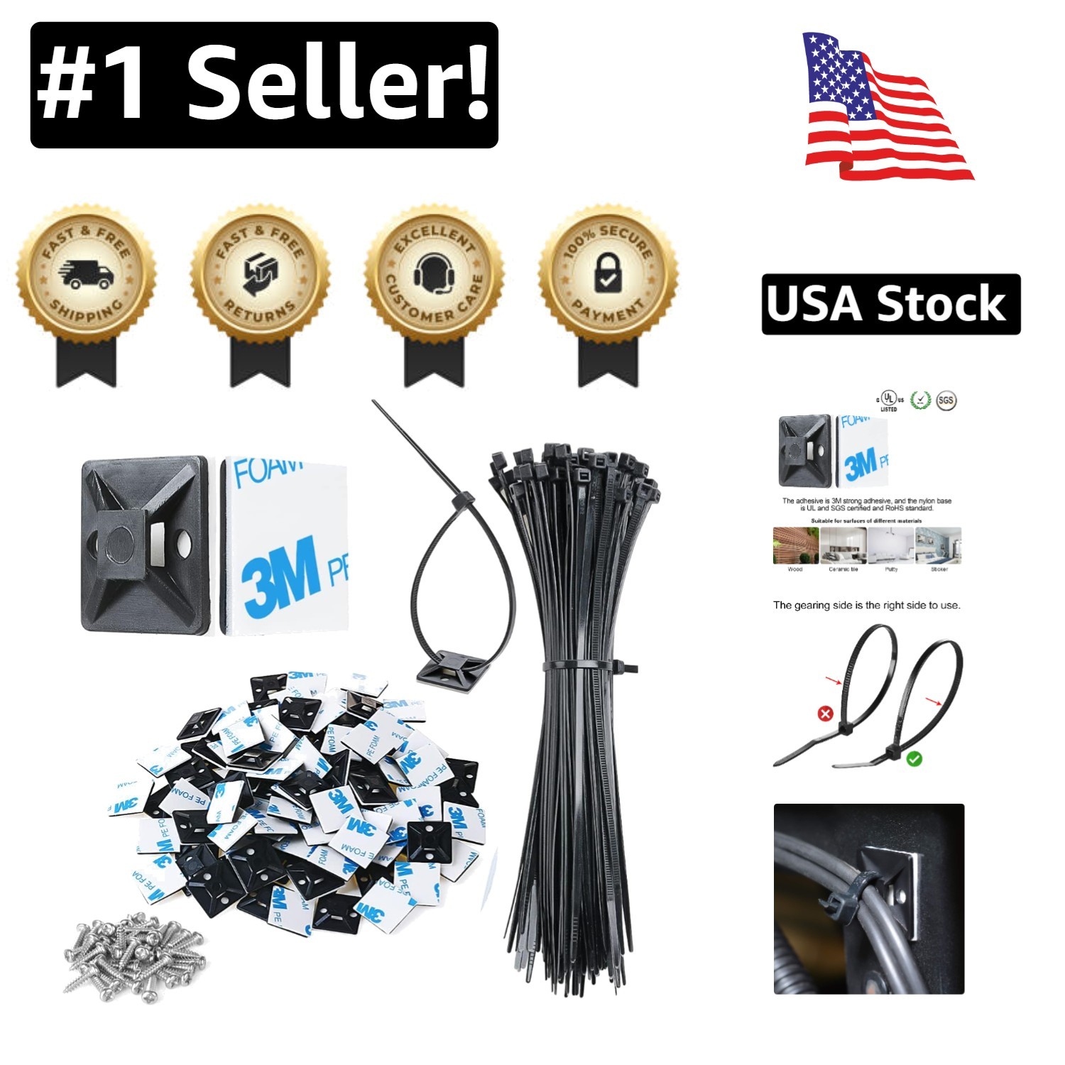 100pcs Strong UV-Resistant Adhesive Cable Tie Mounts with 8