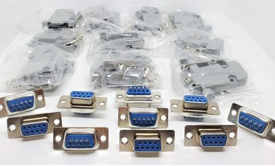 10 Sets DB9 Female Solder Cup Connectors, 9-Pin D-Sub, Plastic Hoods, RS232