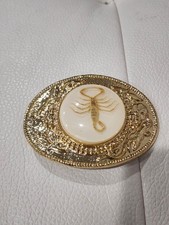 Vtg 1970's No. 851 Made In USA Gold Tone Western Belt Buckle Real Scorpion Resin
