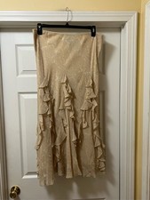 Lauren Ralph Lauren 100 Silk Paisley Ruffle Tiered Midi Skirt Tan Boho XL