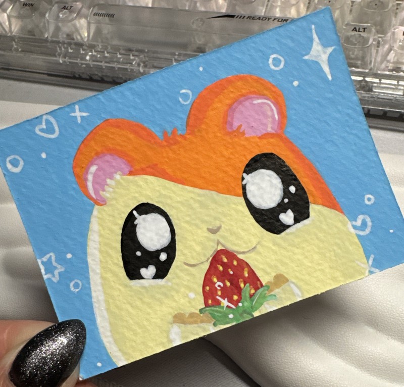 ACEO Acrylic Hand Painted Cute Hamster Anime Manga “Hamtaro Strawberry”