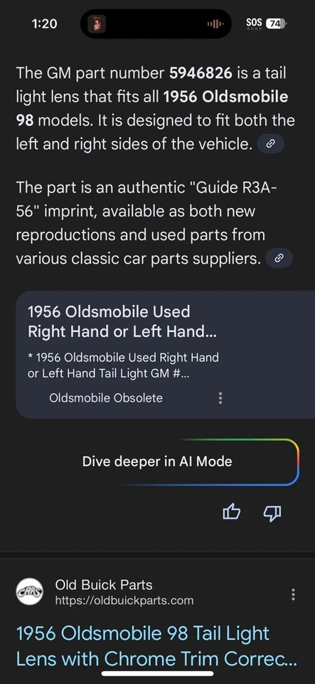 OEM GM 5946826 1956 Oldsmobile 98 Tail Light Lens with Chrome Trim Guide R3A-56 - Image 2 of 4