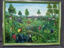 Signed Lionel Louis Haitian Folk Art Village Scene Naïve Outsider Painting