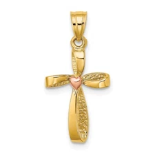 10k Two-Tone Gold Twisted Cross Heart Charm Pendant Perfect Gift for Her