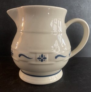 Longaberger Pottery Blue Woven Traditions Milk Pitcher 5 7/8” Embossed Logo