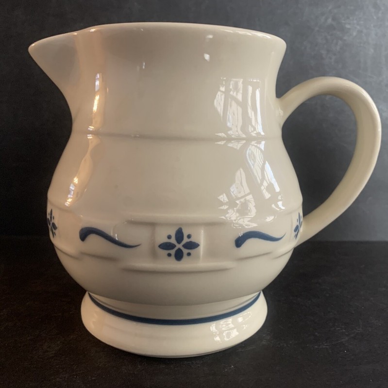 Longaberger Pottery Blue Woven Traditions Milk Pitcher 5 7/8” Embossed Logo