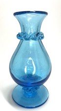Vintage Handblown Aqua Turquoise Blue Glass Vase With Applied Ribbon