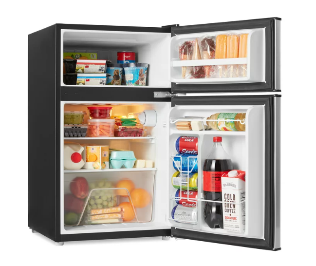 Galanz 3.1 Cu ft Two Door Mini Fridge with Freezer, Stainless, Estar