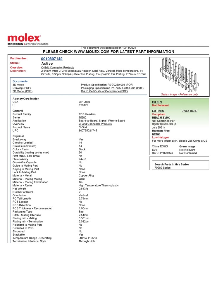 Lot of 4 10-89-7142 Molex Unshrouded Header Connector 14 Position 2 ...