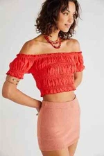 Free people FP One Cheri Top Smocked Cropped Red Off The Shoulder Blouse S NEW
