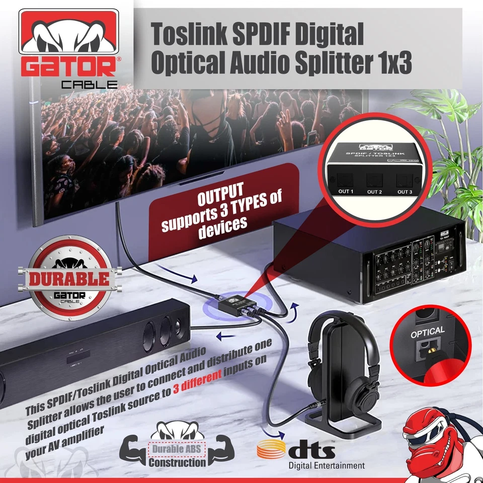 Toslink Optical Fiber Digital Audio Splitter Adapter SPDIF 3-Port 1x3 1-In 3-Out - Image 3 of 4
