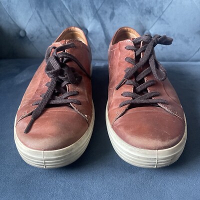 Ecco Soft 7 Mens Sz 11 EUR 45 Cognac Brown Leather Casual Sneakers Shoes Lace Up