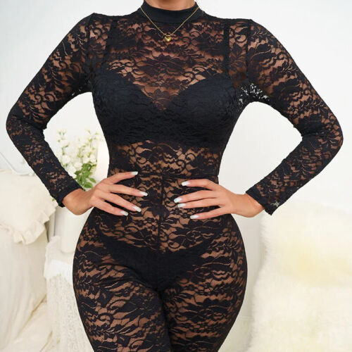 Summer Black Sexy Nightclub Mesh Jumpsuit Elegant Women Overalls Lace Bodysuit - Picture 9 of 12