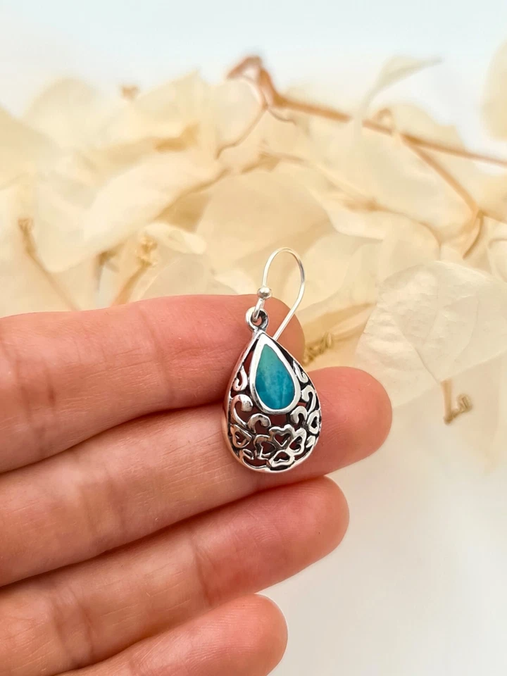 Pendientes colgantes de crisocola de plata de ley 925 de piedra Eilat verde Foto 3 de 4