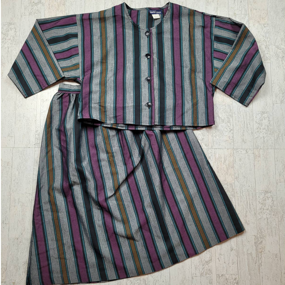 Vintage 80s 90s Business Matching Skirt Blouse Top Striped