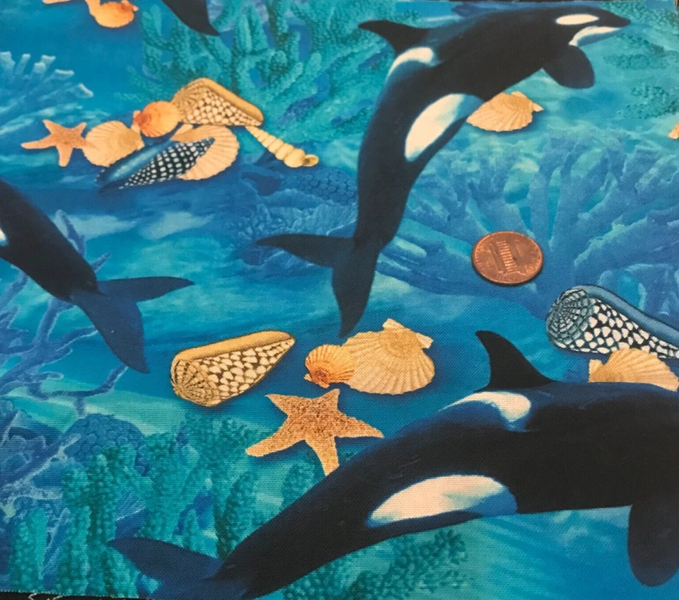 Orca Whales*Shells*Coral*Swimming*Blue Water*Michael Miller*22" x 8"*100% Cotton - Image 3 of 4