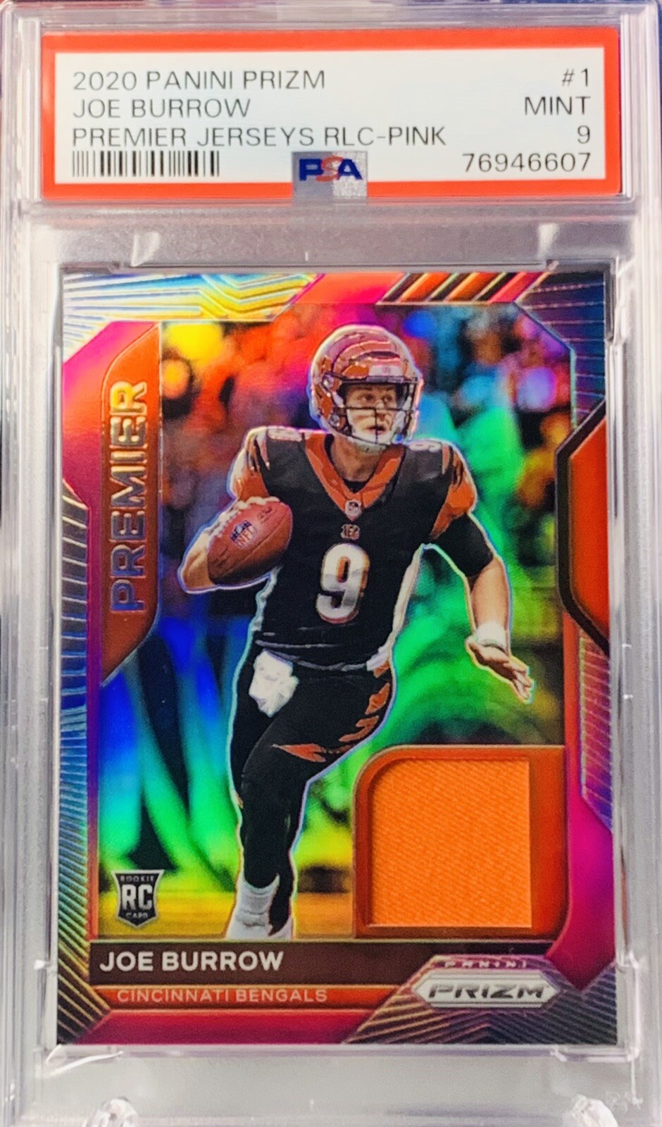 Joe Burrow 2020 Prizm Premier Jersey Patch Rookie Pink Prizm Bengals RC PSA 9