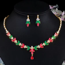 Green CZ Red Leaf Drop Earring Necklace Bridal Pageant Gold Plated Jewelry Set