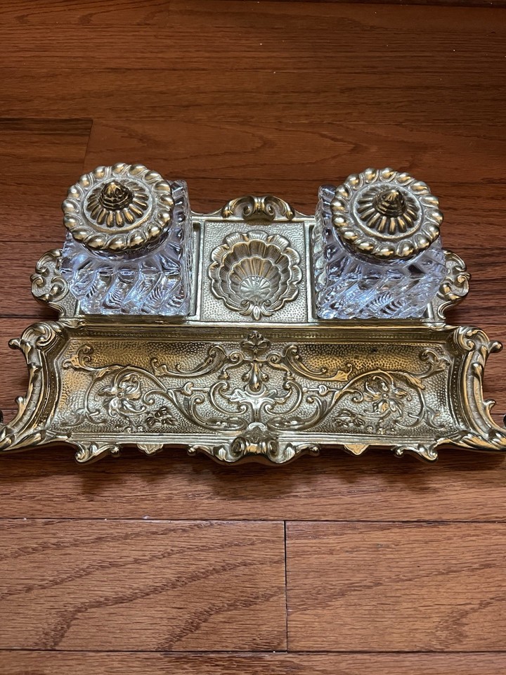 Virginia Metalcrafters made serious, heavy American brass goods — this double-inkwell pen set is a full desk altar to the pre-digital writing life.