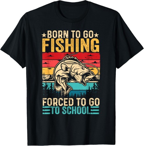 Lustiges T-Shirt Born to Go Fishing Forced School Männer Frauen - Bild 1 von 2