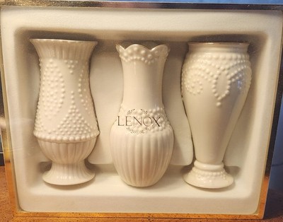 Lenox 3pc Bud Vases Beaded Pattern with Gold Rim 5'' Porcelain New 