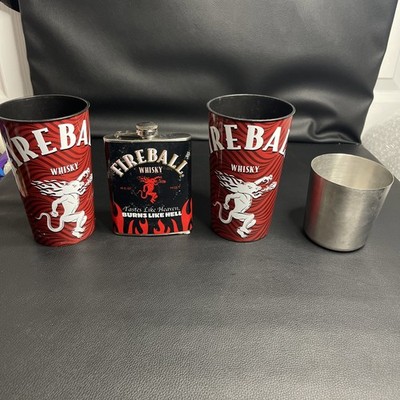 Lot Of 2 Fireball Cinnamon Whiskey 20oz Cups, A Flask, And Shaker Cup Top Used