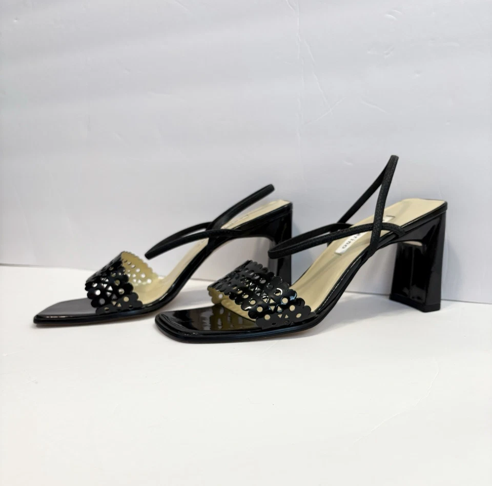 Vtg Ann Marino Patent Leather Strappy Heels Black Square Toe Block Heel Size 8.5 - Image 3 of 4