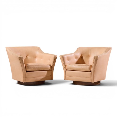 Edward Wormley for Dunbar Style Mid Century Walnut Swivel Lounge Chairs - Pair