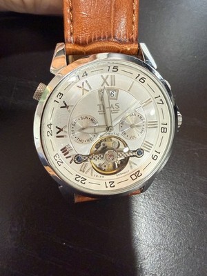 Trias Automatic Skeleton Men's Watch Brown Leather Band Open Heart Silver Dial