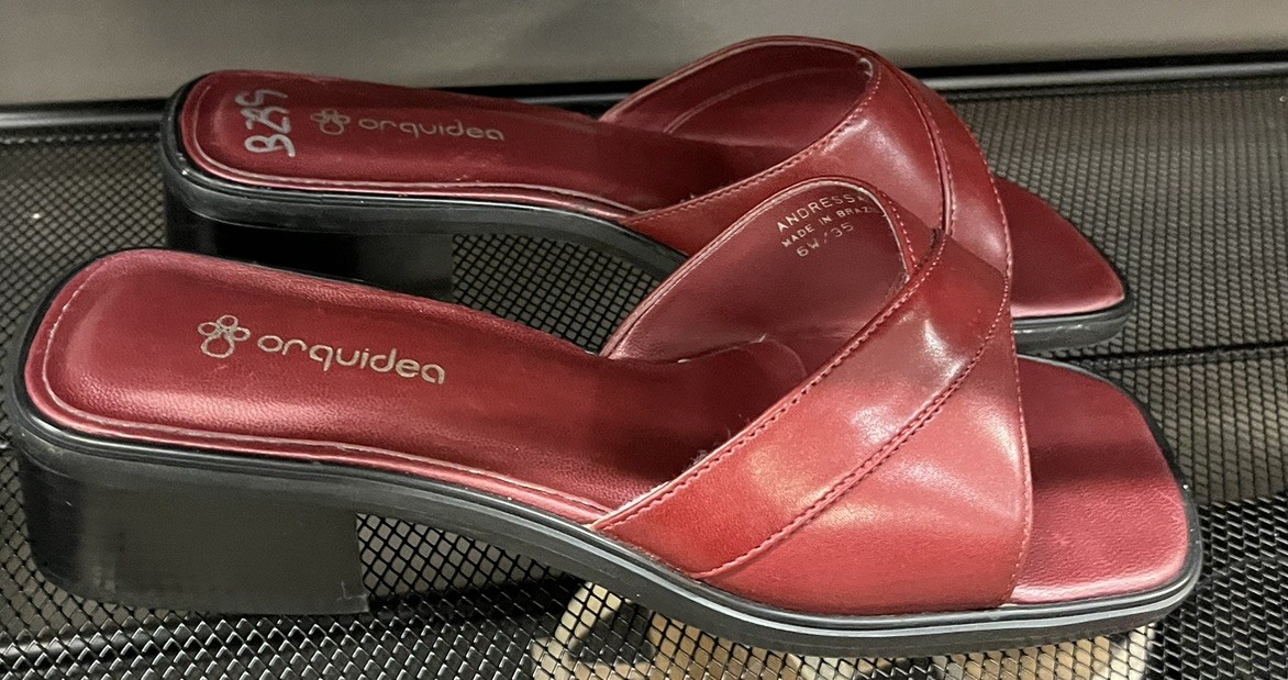 Vtg Y2K 90s Square Toe Mule Burgundy Slides Oxblood Red 7.5 Leather Chunky Heels