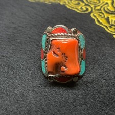 Wonderful Vintage Tibetan Coral And Turquoise Stone Old Brass Beautiful Ring