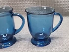 Vintage Anchor Hocking Cafe Mugs Denim Blue Glass Footed,  Set of 2