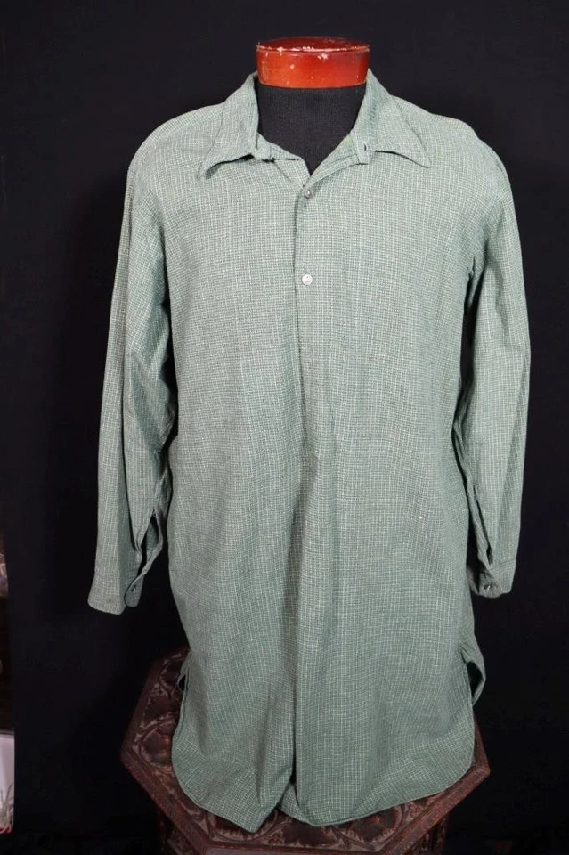 Vintage 1960's Euro Long Grand-Père Coton Vert Chemise à Carreaux M EXC État - Photo 1/2