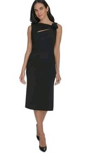 Calvin Klein Asymmetric-Neck Sleeveless Sheath Dress Sz 4 Black Rose Cocktail