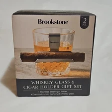 Brookstone 2pc Whiskey Glass and Cigar Holder Gift Set New