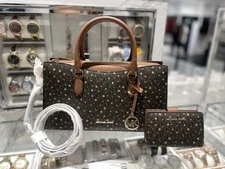 NWT MICHAEL KORS OUTLET Arden Medium Printed Signature Logo Satchel with wallet