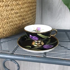 RW Bavaria Tea Cup Saucer Set Black Tulip Floral Gold Trim Germany Vintage Mini