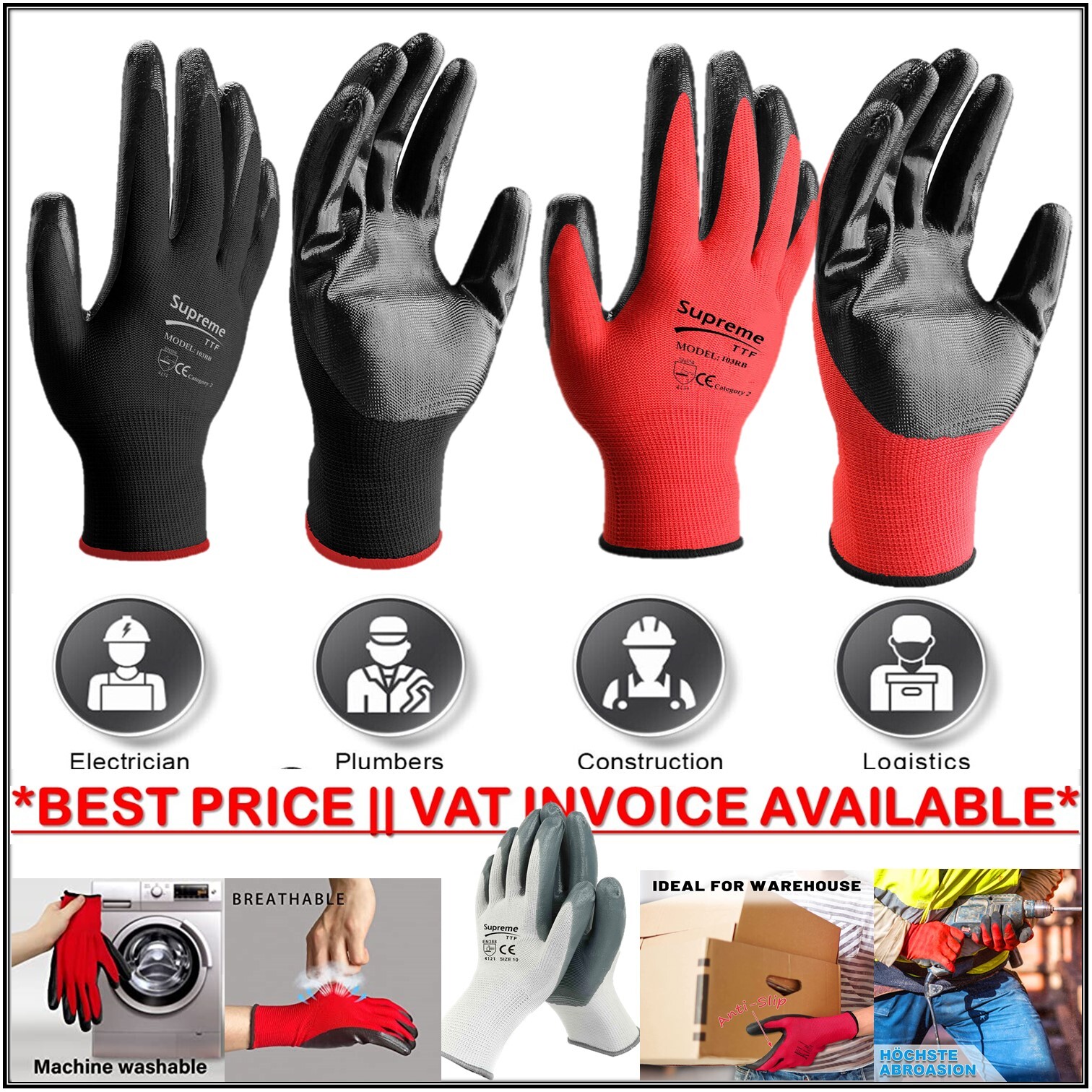 24 Pairs Nitrile Coated Palm Nylon Builders Safety Work Gloves