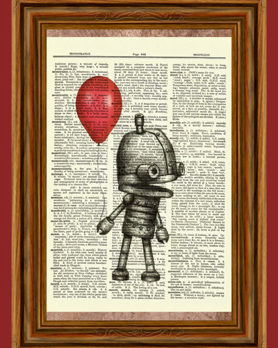 Cute Robot holding Balloon Dictionary Vintage Art Print Poster Picture