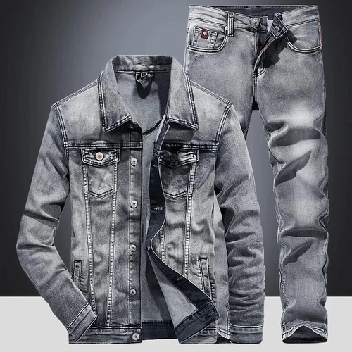Denim Suit Men's Slim Two-piece Spring Autumn Jacket Jeans Coat Pants Suits Set - Afbeelding 24 van 26