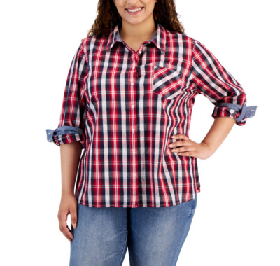 Tommy Hilfiger Plaid Button Down Shirt Sky Captain Multi Plus Size 0X