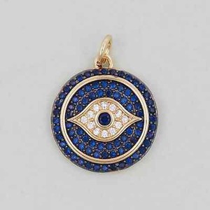 Authentic 14K Yellow Gold Plated Stunning Evil Eye Pendant 2.49Ct Round Simulated Sapphire
