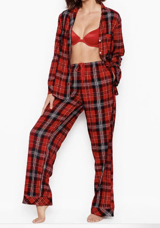 NEW Victoria’s Secret Red Plaid pajama PJ Top Bottoms set L Large FLANNEL  Cotton